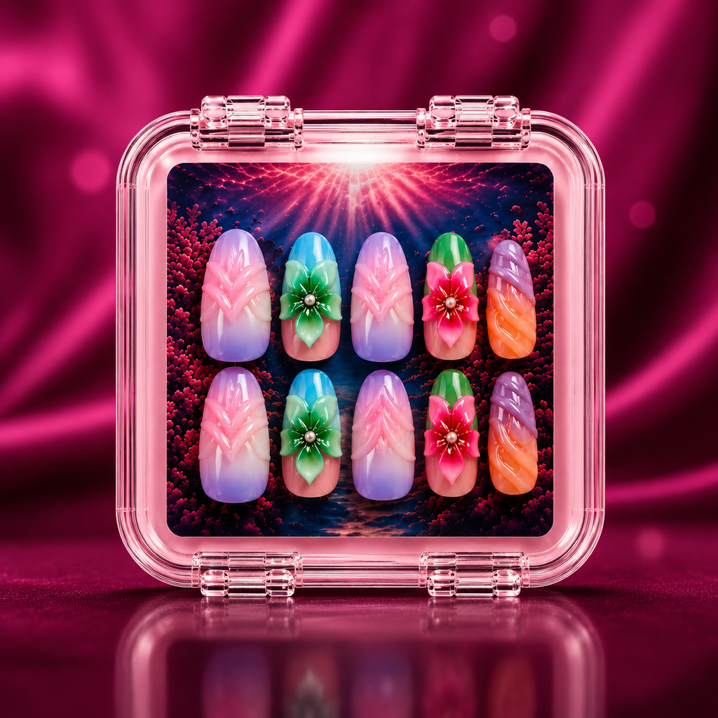 Colorful 3D Floral Press-On Nails – Handmade 10-Piece Set