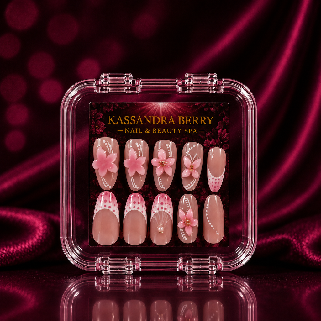 Cherry Blossom Doll nude almond 3D floral polka dot press-on nail set