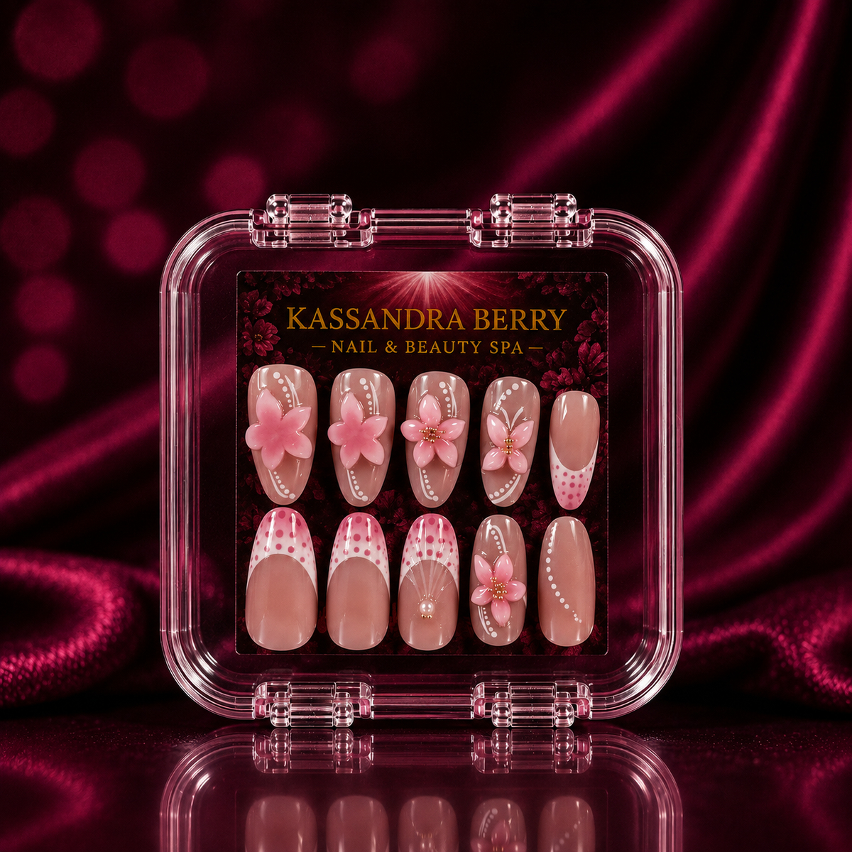 Cherry Blossom Doll nude almond 3D floral polka dot press-on nail set