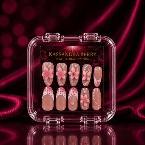 Cherry Blossom Doll nude almond 3D floral polka dot press-on nail set