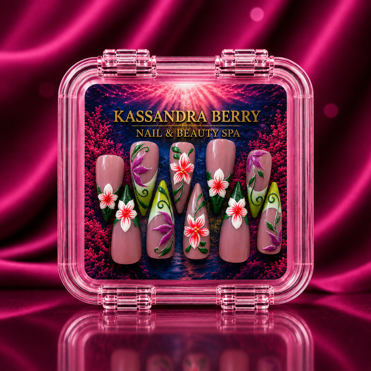 Floral Fantasy handmade 3D botanical press-on nail set in pink Kassandra Berry case