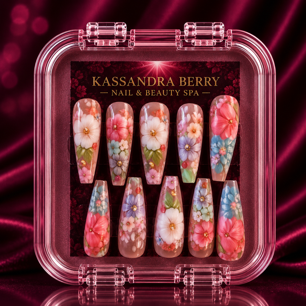 Blossom Reverie soft pink white 3D floral coffin press-on nail set