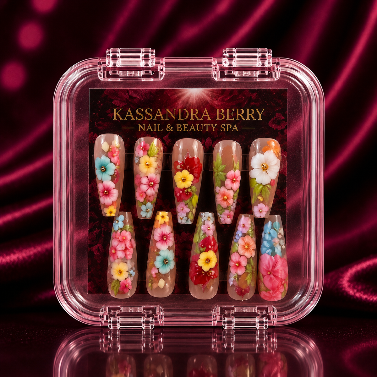 Garden Fiesta vibrant multicolor 3D bloom coffin press-on nail set
