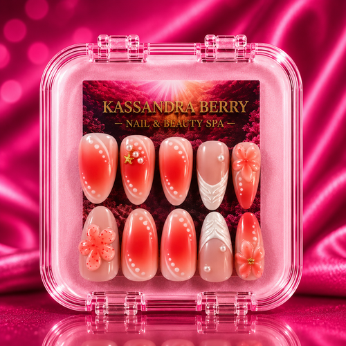 Coral Sunset coral ombre almond 3D floral gold starfish press-on nail set