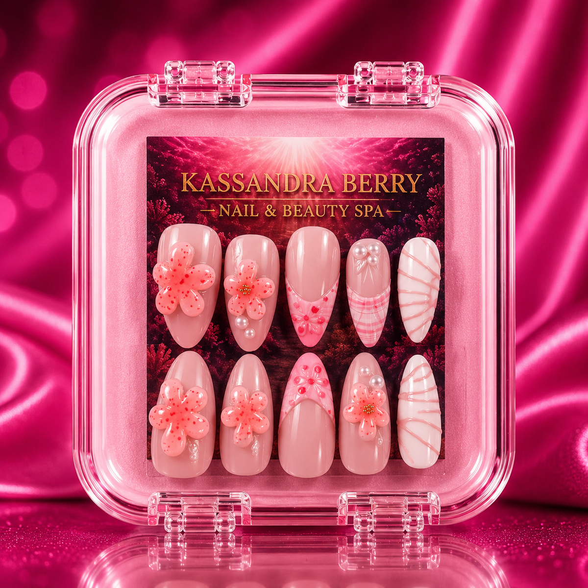 Pink Ribbon Dream sheer pink almond 3D floral pearl bow press-on nail set